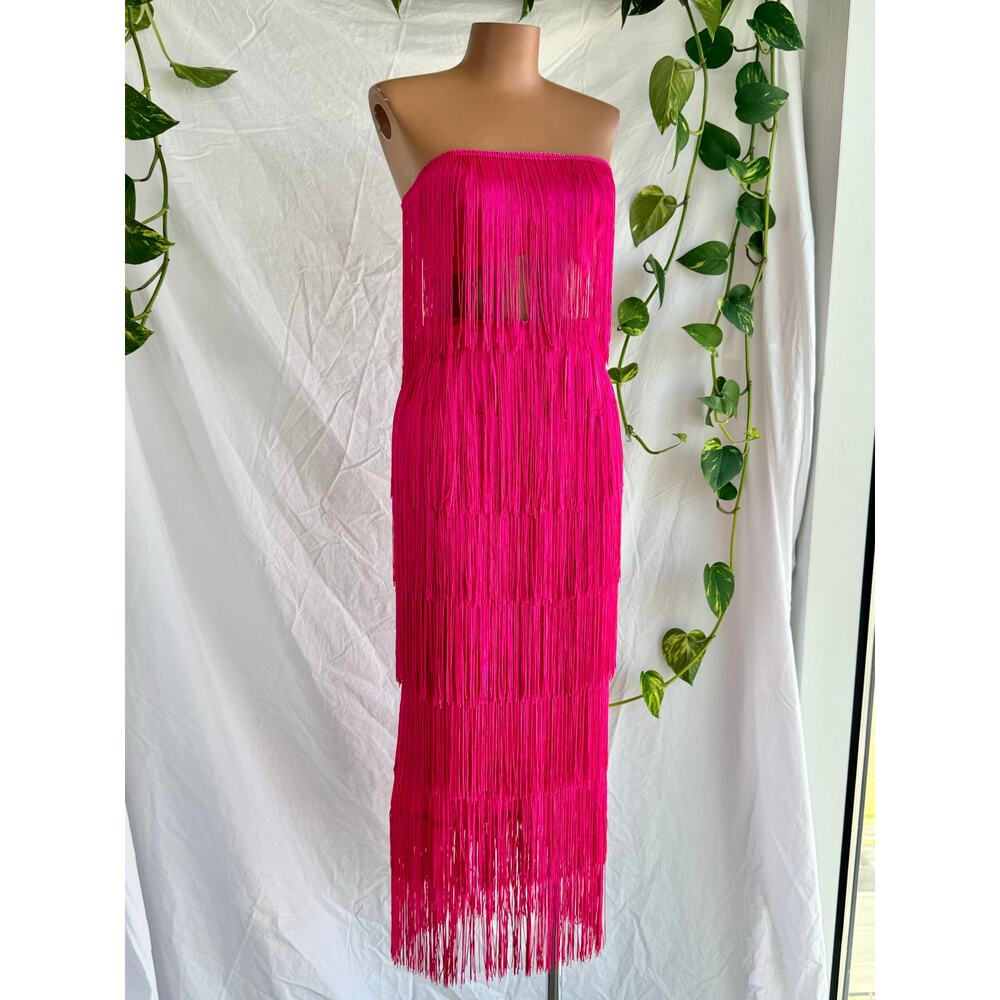 Showpo Hot Pink Fringe Skirt & Top Set